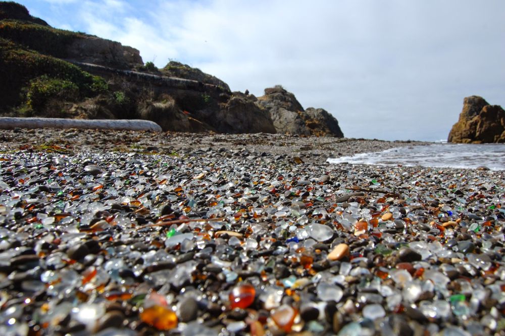 Colorful sea glass pebbles on the beach at Fort Bragg