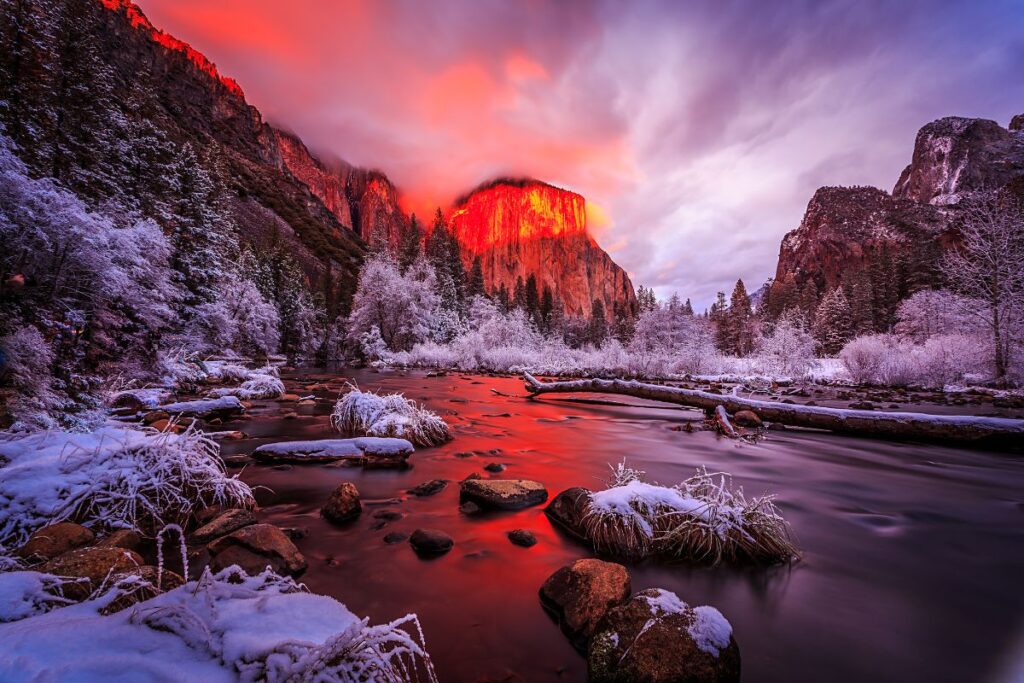 winter in the Yosemite valley with the sun rising.